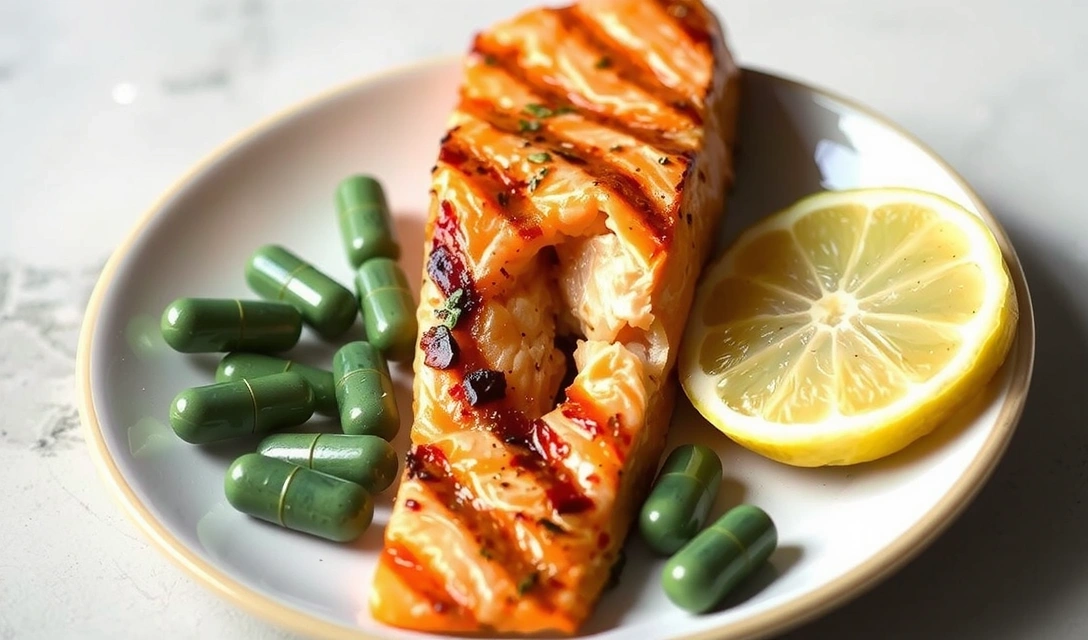 Pescado graso rico en omega-3 y cápsulas de suplemento