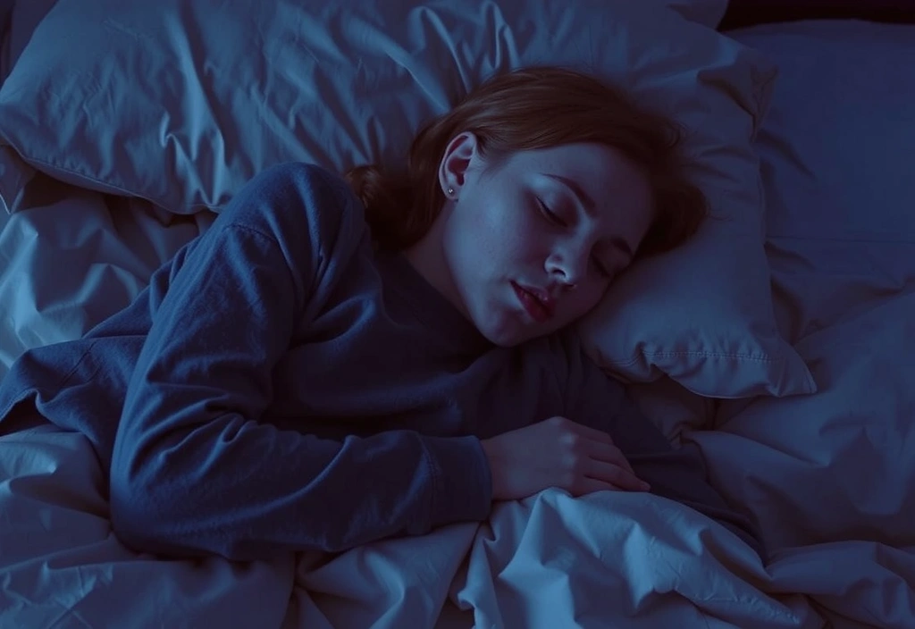 Persona durmiendo profundamente en una cama cómoda con sábanas limpias y luz tenue.