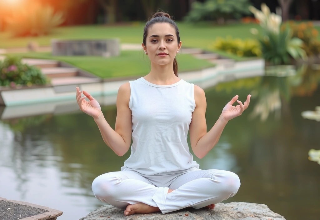Persona meditando en una pose de loto, con expresión serena y un entorno natural tranquilo.