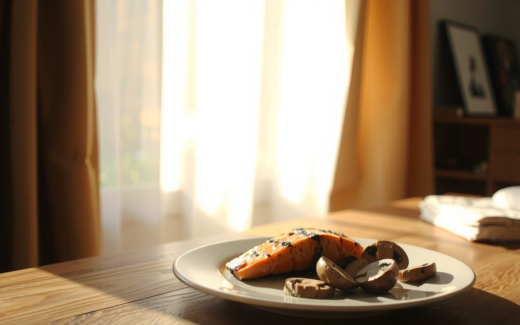 Luz solar cálida que ilumina un plato de salmón y setas